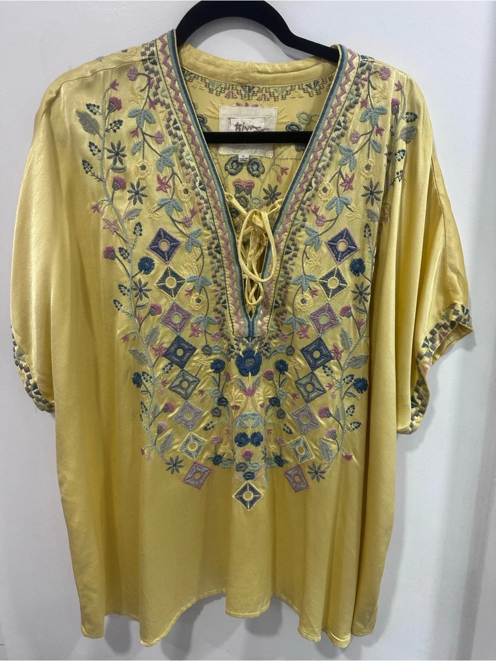 BIYA by Johnny Was XL Yellow Embroidered Lace-Up Boho Tunic Blouse Floral